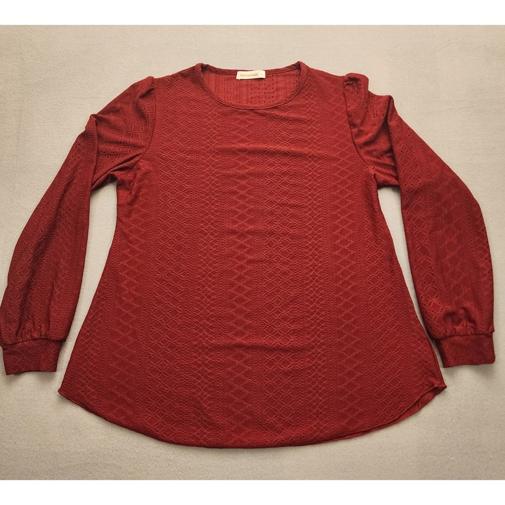 Fantaslook‎ Women's Large Red Eyelet Lace Blouse Long Sleeve Stretch Top Boho